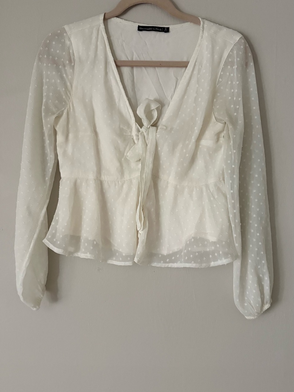 Abercrombie & Fitch Ivory Swiss Dot Tie-Front Peplum Top
